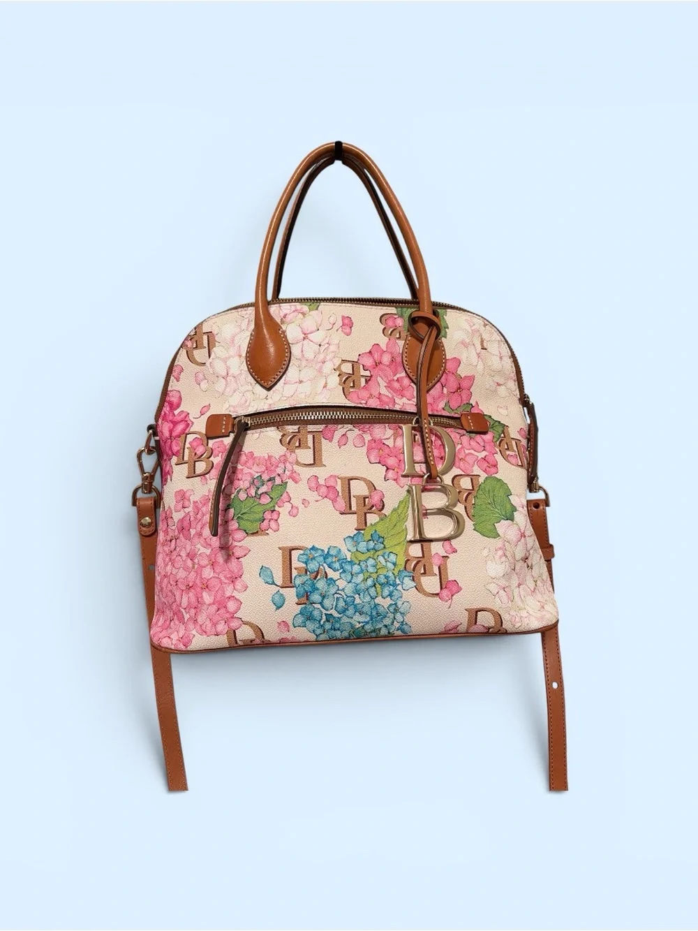 Dooney & Bourke Cream Floral Monogram Satchel with Brown Trim